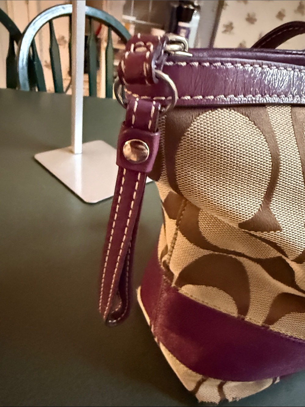 Coach Beige Signature Canvas Tote with Purple Trim - Picture 9 of 12